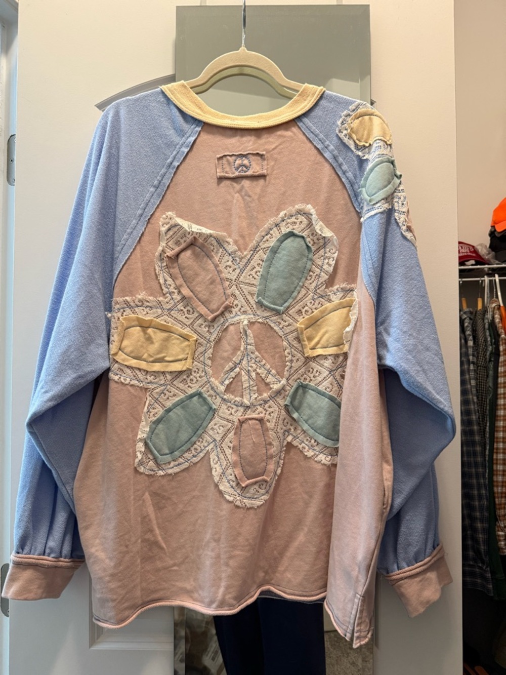 Vintage-Inspired Two-Tone Flower Appliqué Hoodie - Pastel Blue & Dusty Pink - Picture 3 of 3